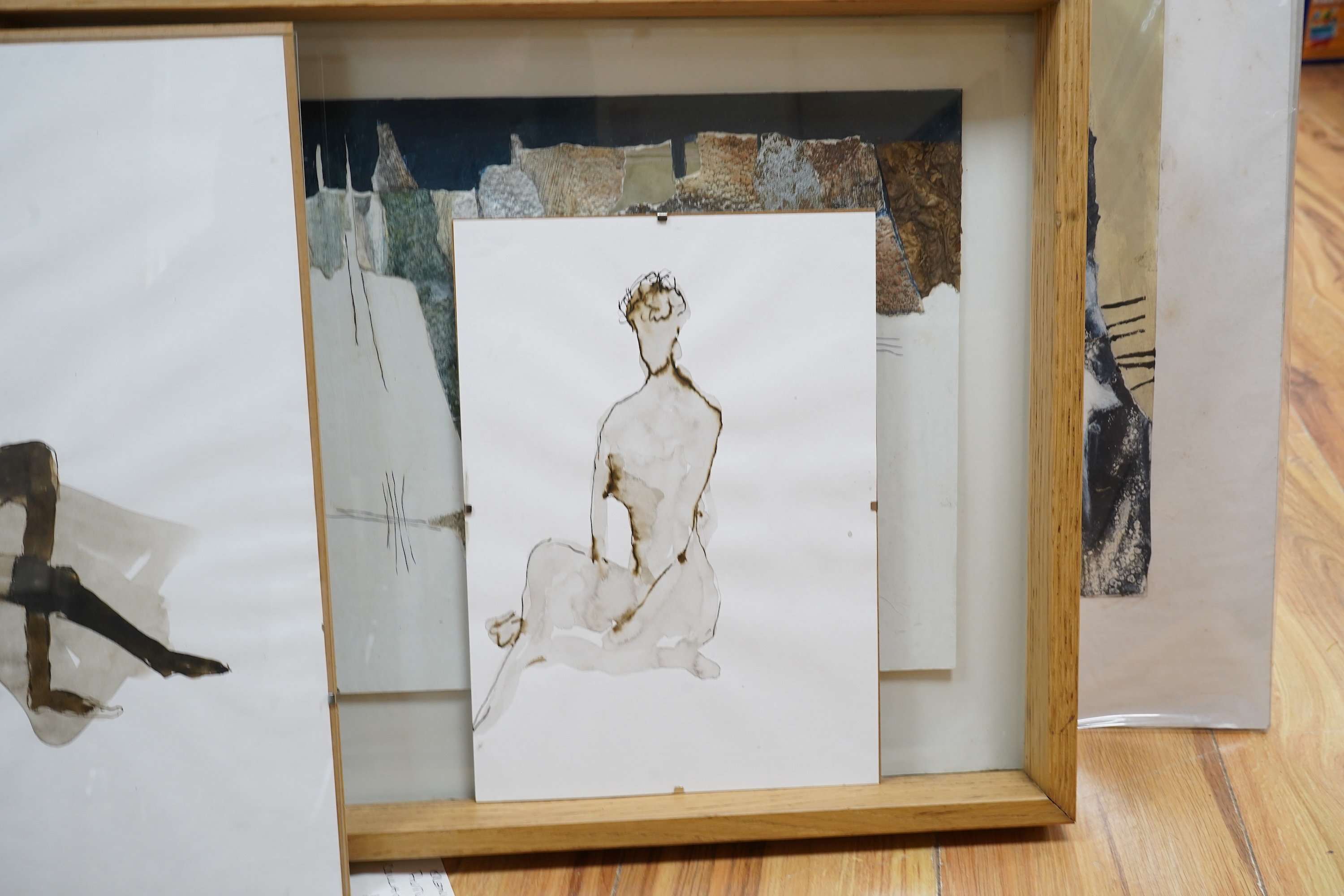 Brenda May (Modern British), a collection of six works to include a collage, ‘Slumbering Earth’, signed, two nude watercolour studies and a collagraph print ‘Autumn’, signed in pencil, two framed